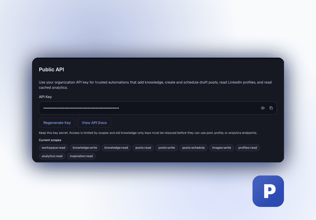 Postiv Settings, Integrations tab, Public API section with a generated key