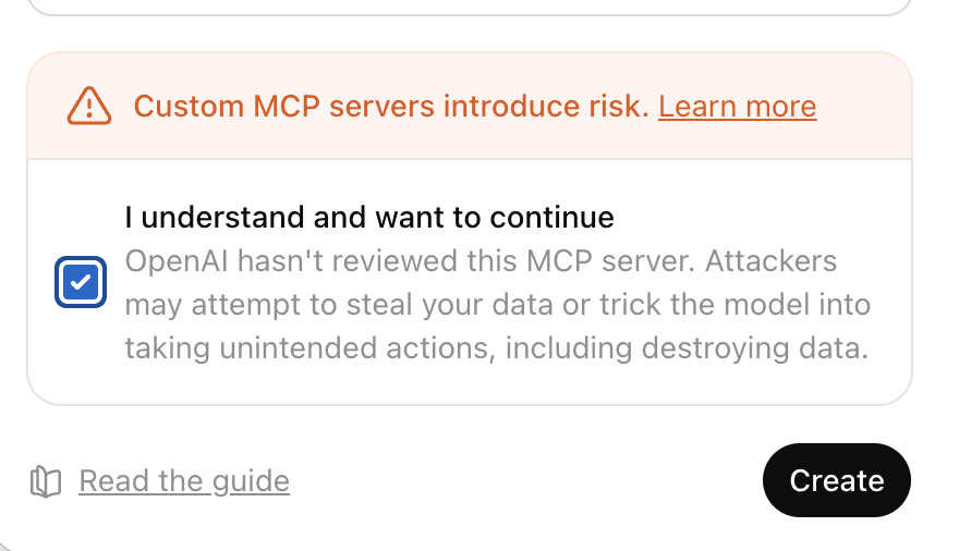 ChatGPT custom MCP server notice with the confirmation checkbox ticked and the Create button