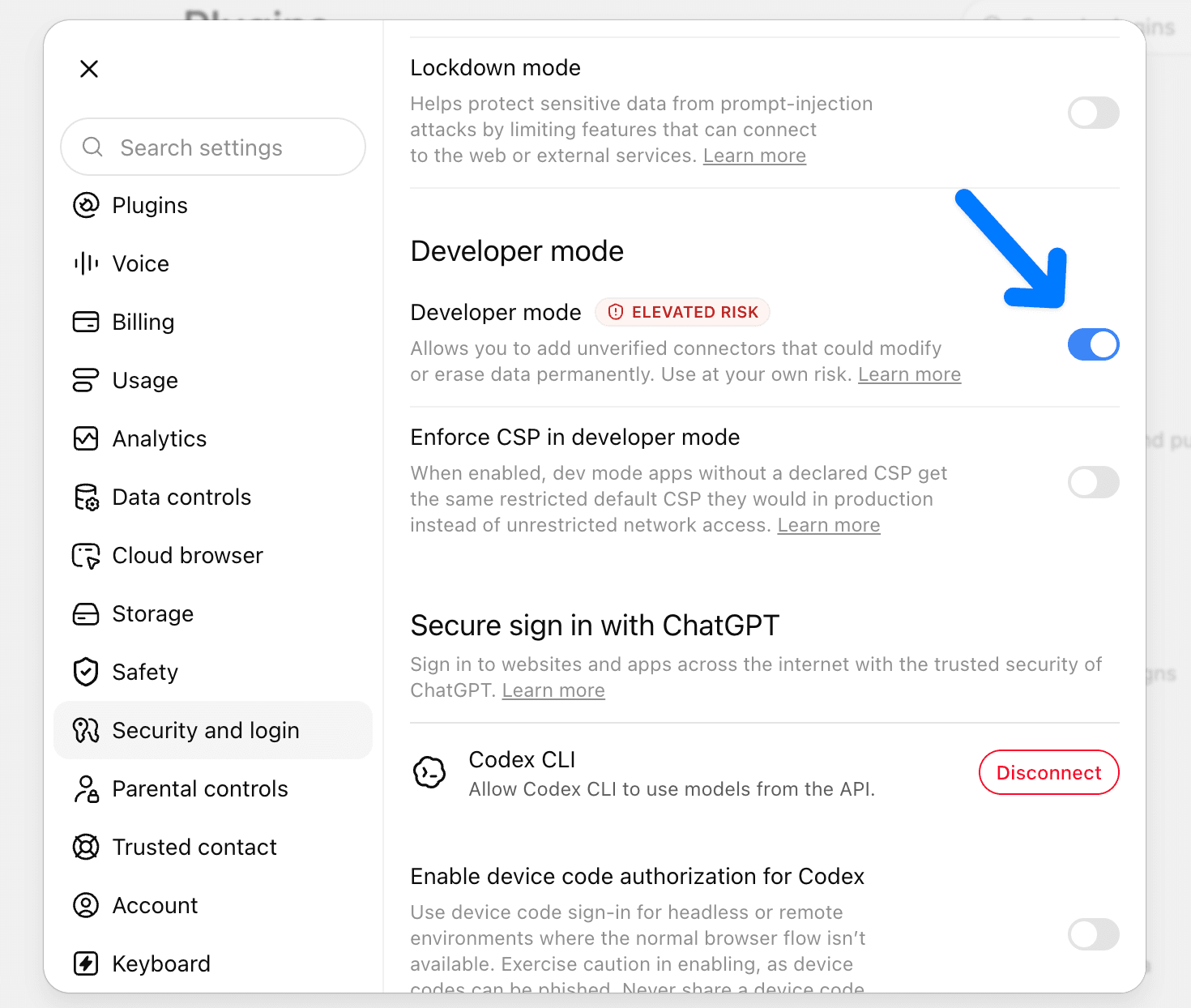 ChatGPT Security and login settings with the Developer mode toggle switched on