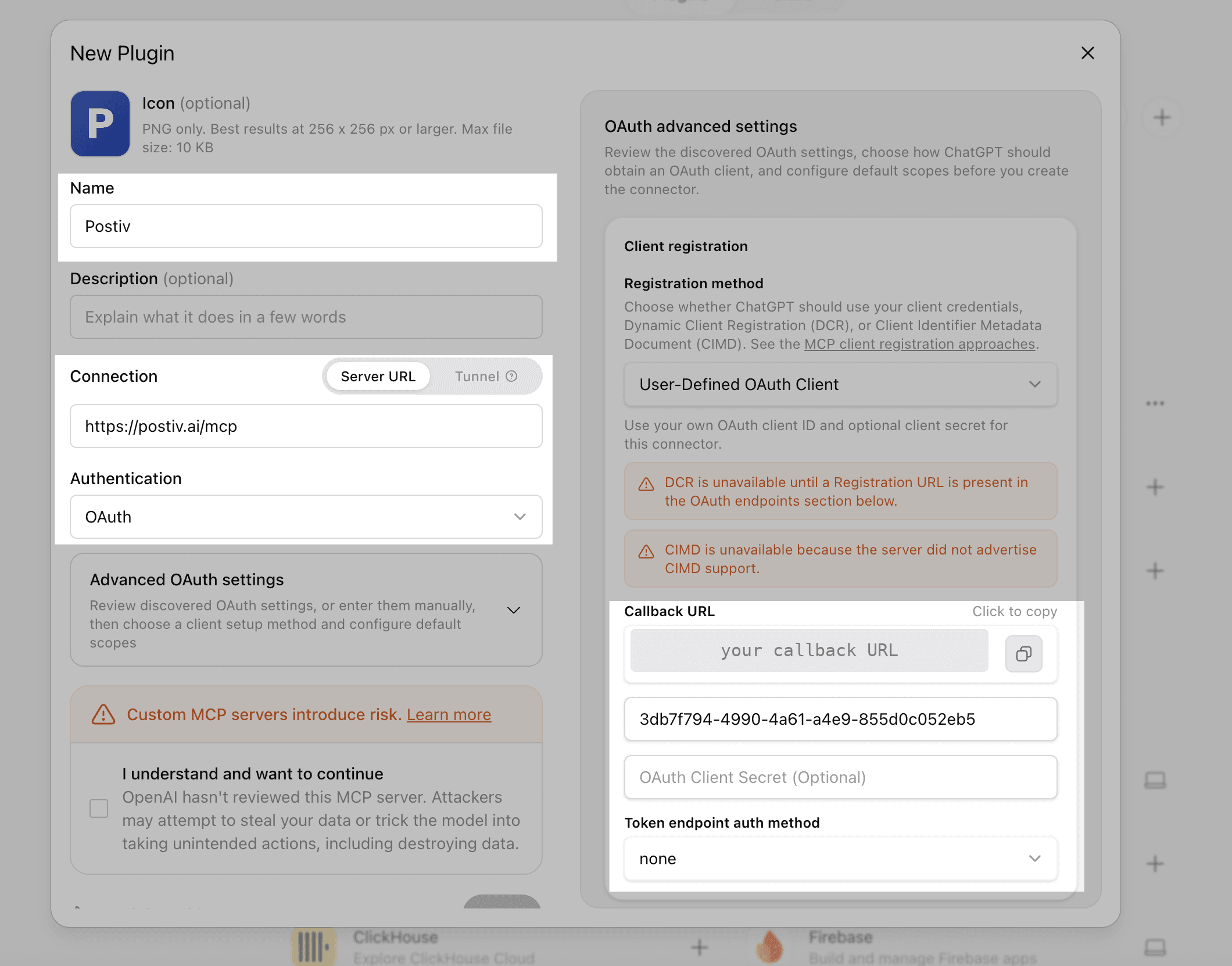 ChatGPT New Plugin form with the Postiv name, the MCP server URL, OAuth authentication and the public client ID filled in