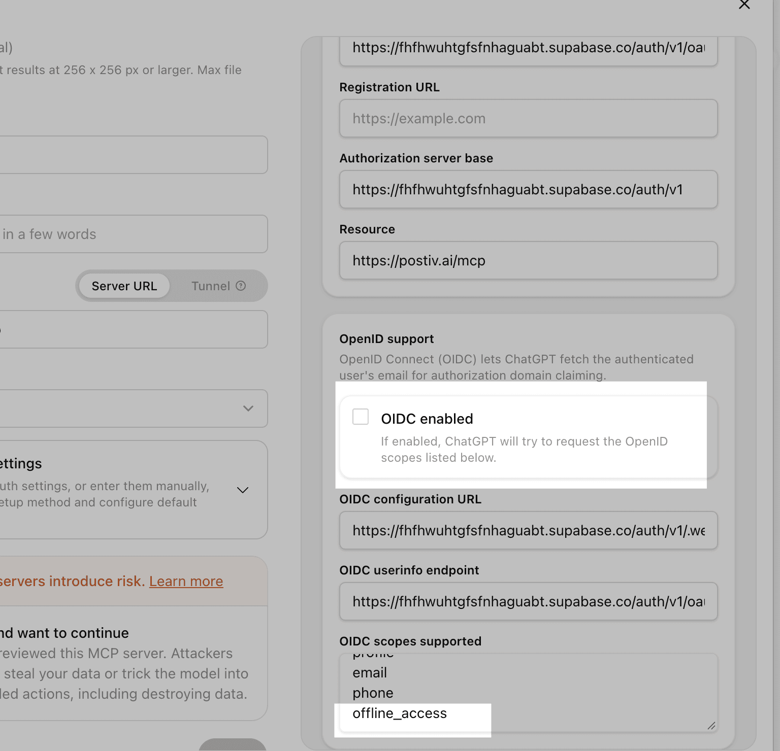 ChatGPT advanced OAuth settings with OIDC enabled unchecked and offline_access in the scopes list