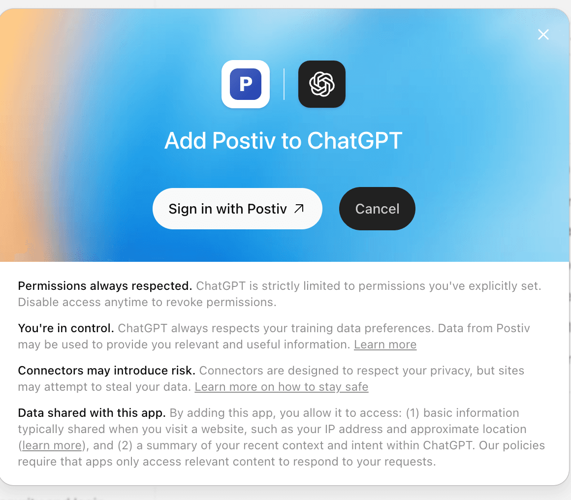 The Add Postiv to ChatGPT consent screen with the Sign in with Postiv button