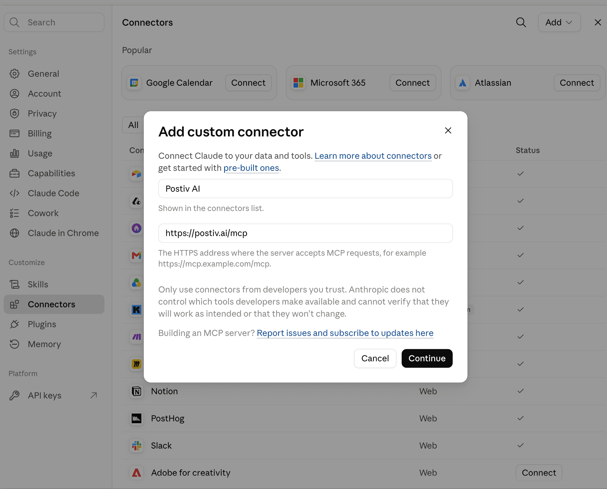 The Add custom connector dialog with the Postiv name and the MCP server URL filled in
