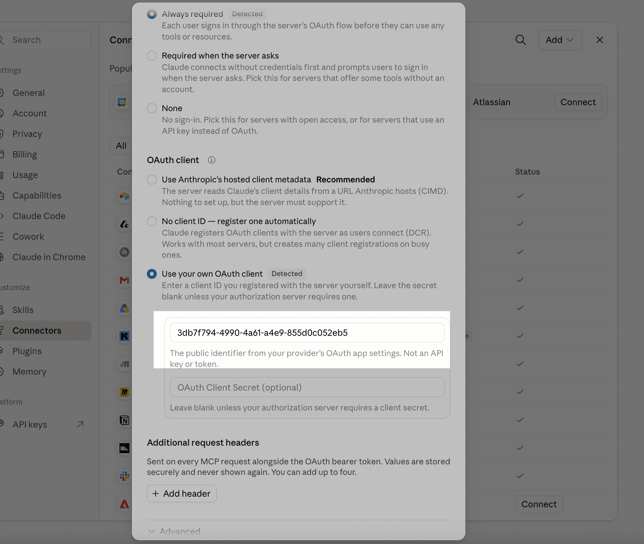 The Claude authentication step with Always required and Use your own OAuth client selected and the public client ID entered