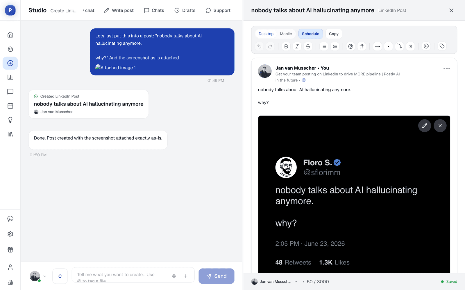 AI Writer screen turning a quick update into a finished LinkedIn post
