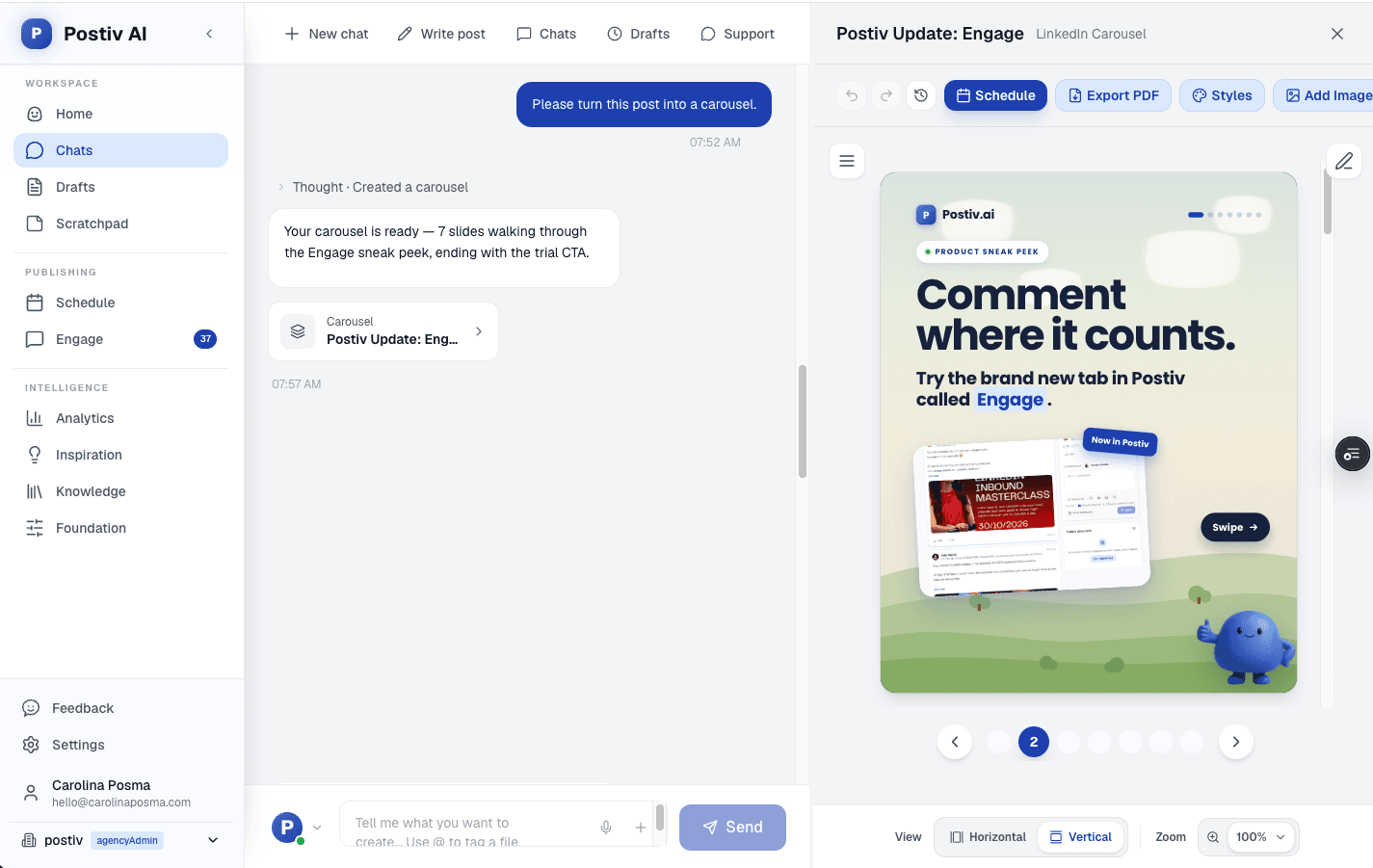 Carousel maker screen with a branded LinkedIn carousel