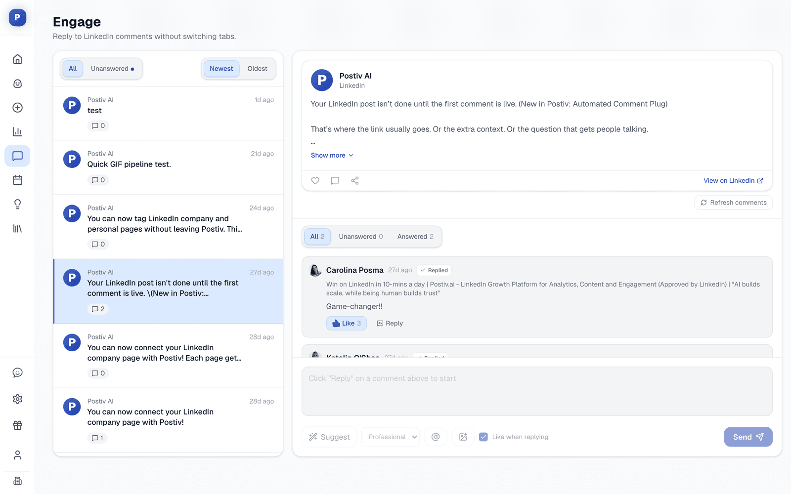 Engagement screen with suggested comment replies