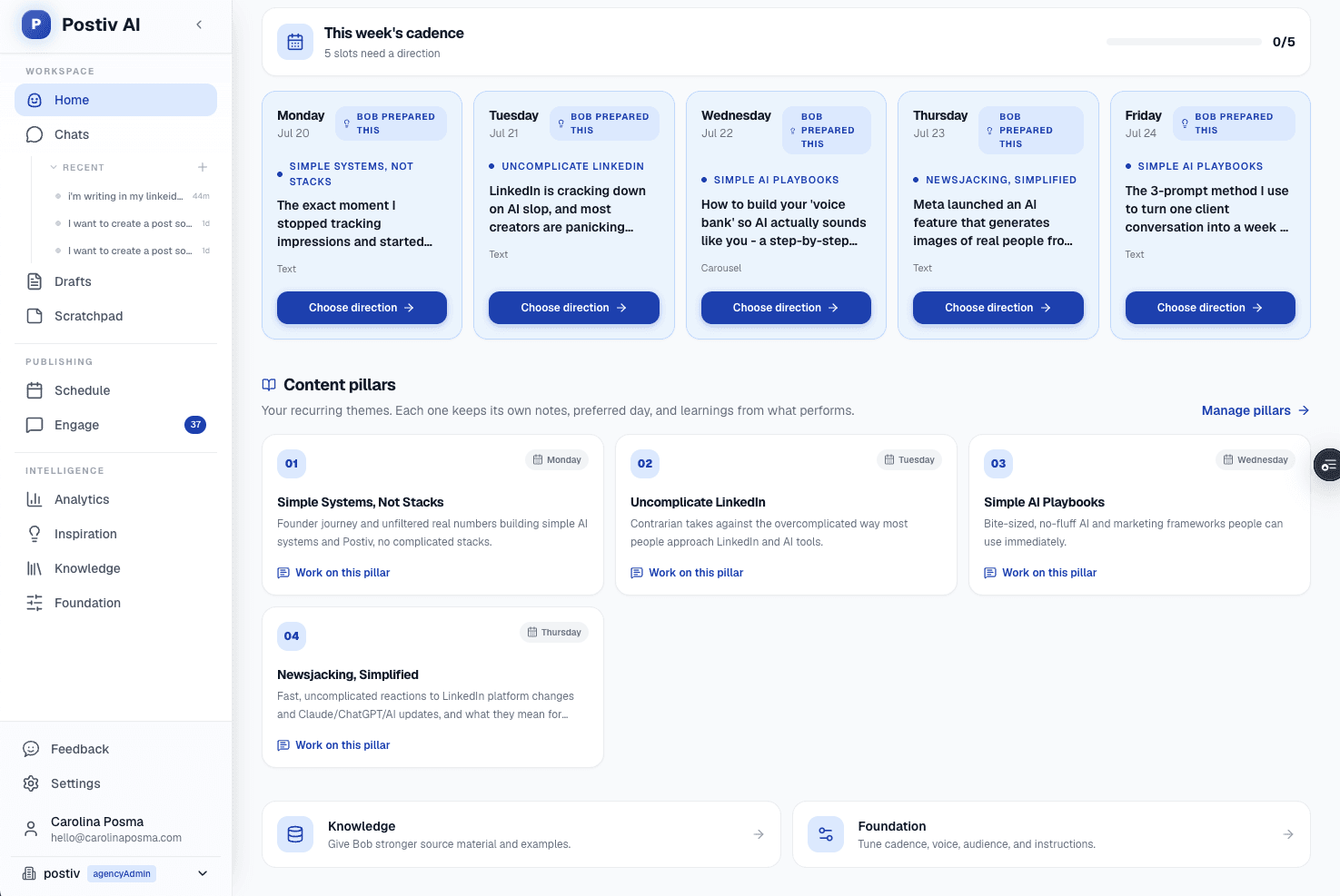 Postiv strategy screen with weekly content directions and recurring content pillars