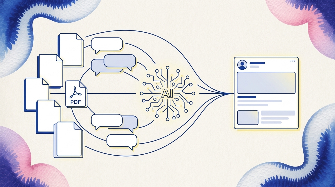 Brand-trained AI workflow: documents and chat messages flowing through an AI node into a finished LinkedIn post.
