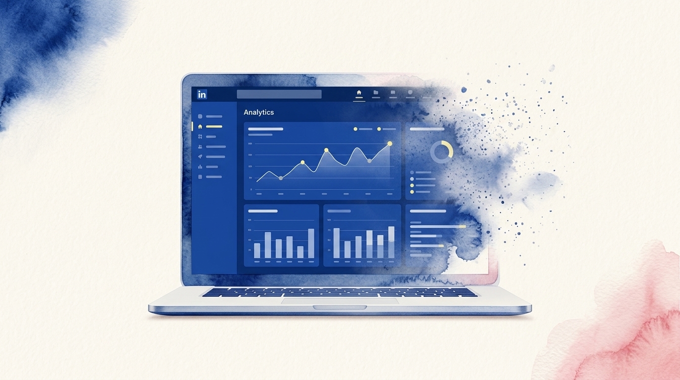A LinkedIn-style analytics dashboard on a laptop dissolving into particles, illustrating an analytics tool winding down.